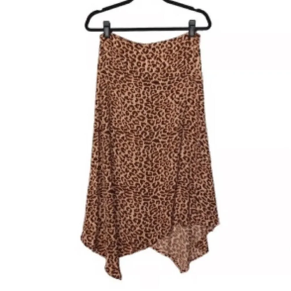 COTTON ON Brown Leopard Animal Print Asymmetrical Hem Midi Skirt